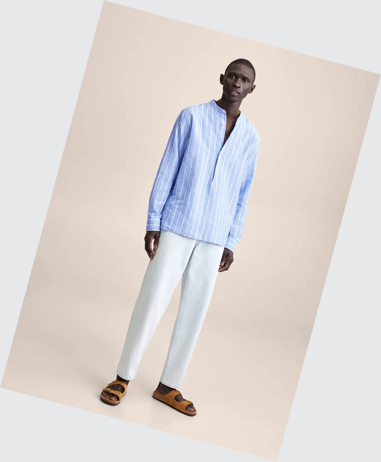 Kosele Mango Pruhované Mandarin-collar Linen Panske Modre | SK861876