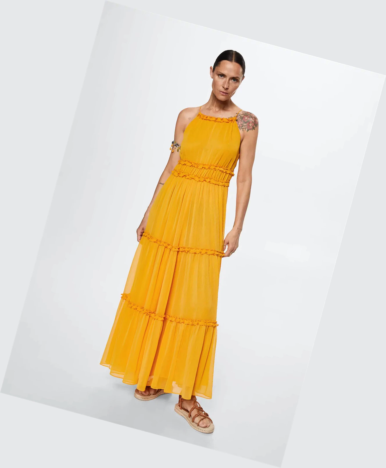 Saty Mango Maxi Ruffles Damske Horčica Biela | SK860731