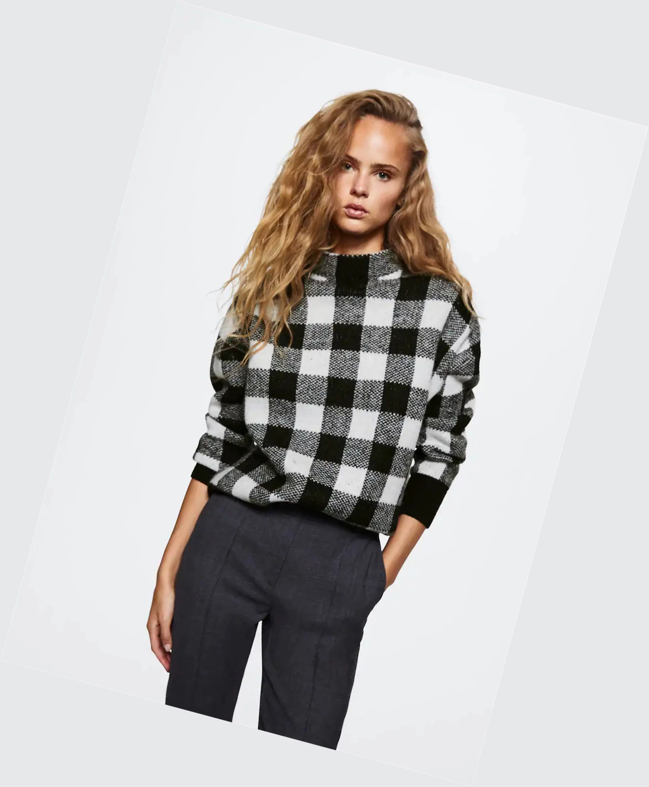 Svetre Mango Perkins Collar Checkered Damske Čierne | SK862613