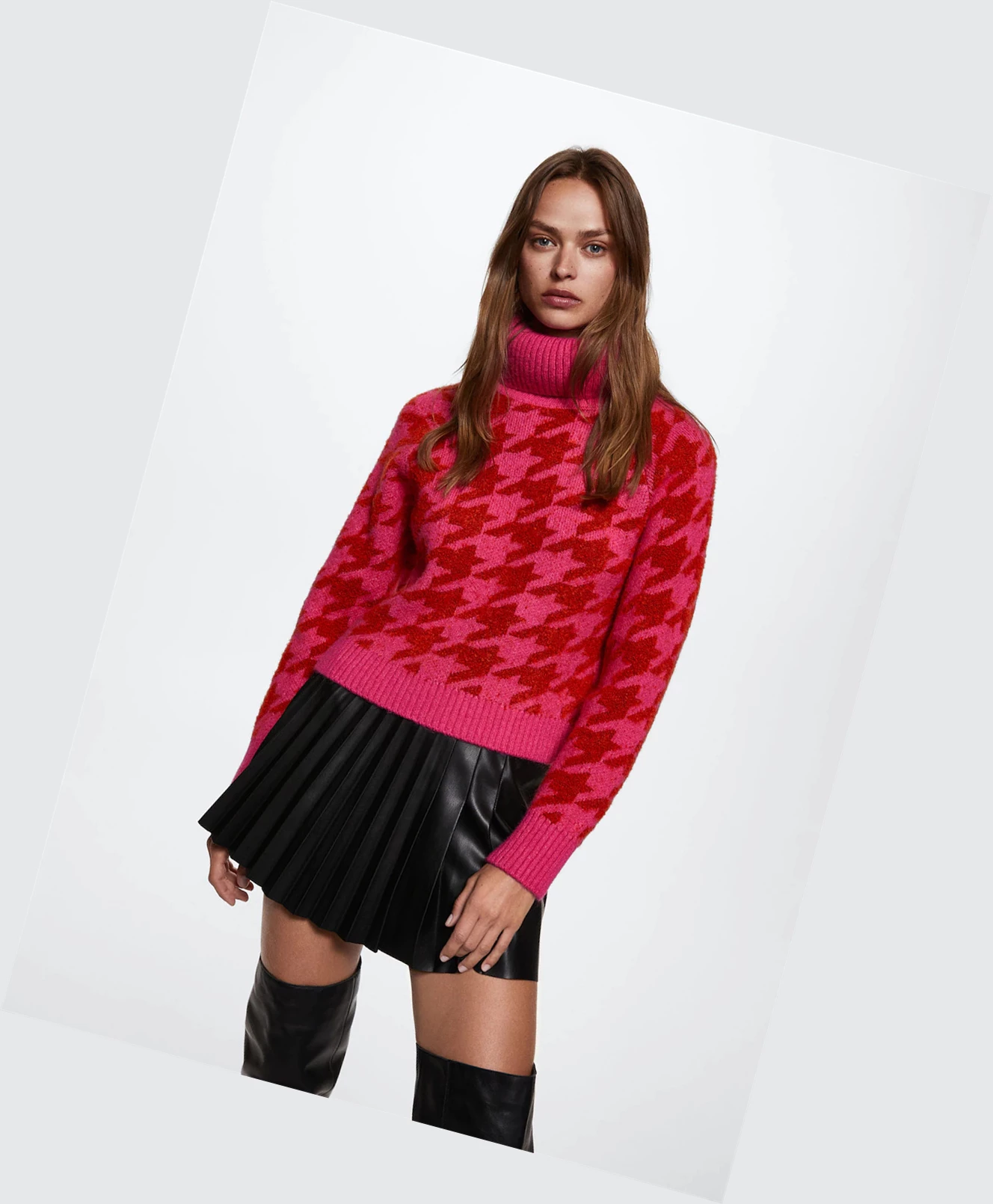 Svetre Mango Turtleneck Houndstooth Print Damske Fuchsie | SK862506