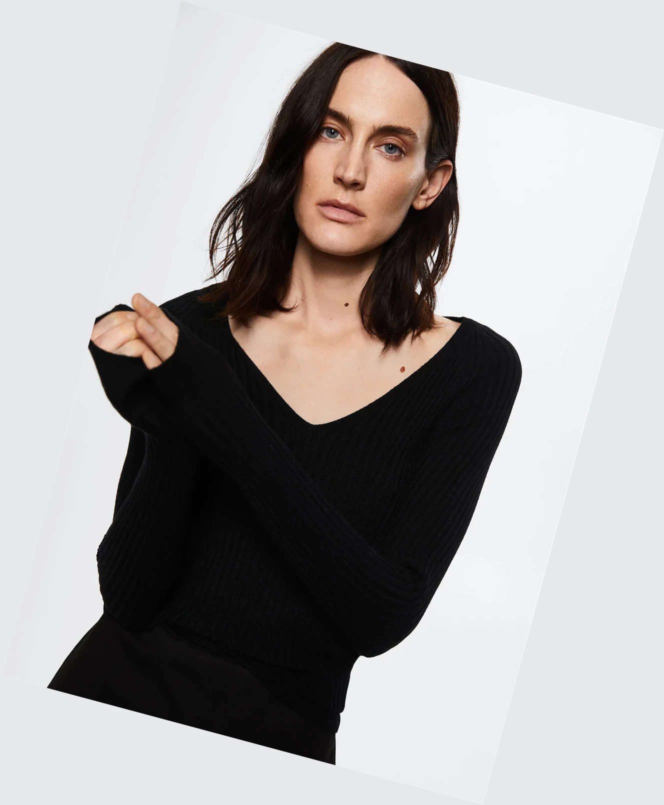 Svetre Mango V-neck Rebrovaný Knit Damske Čierne | SK862422