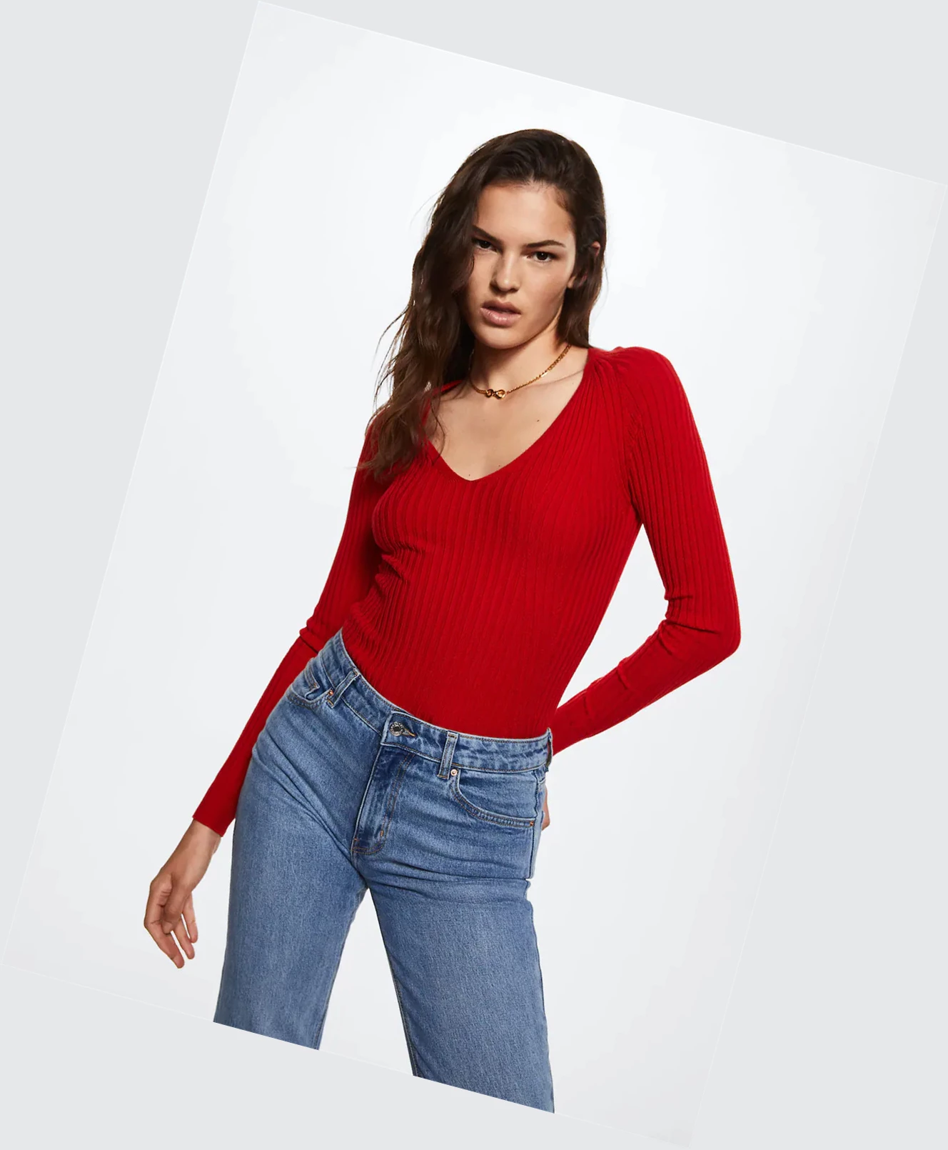 Svetre Mango V-neck Rebrovaný Knit Damske Červené | SK862479