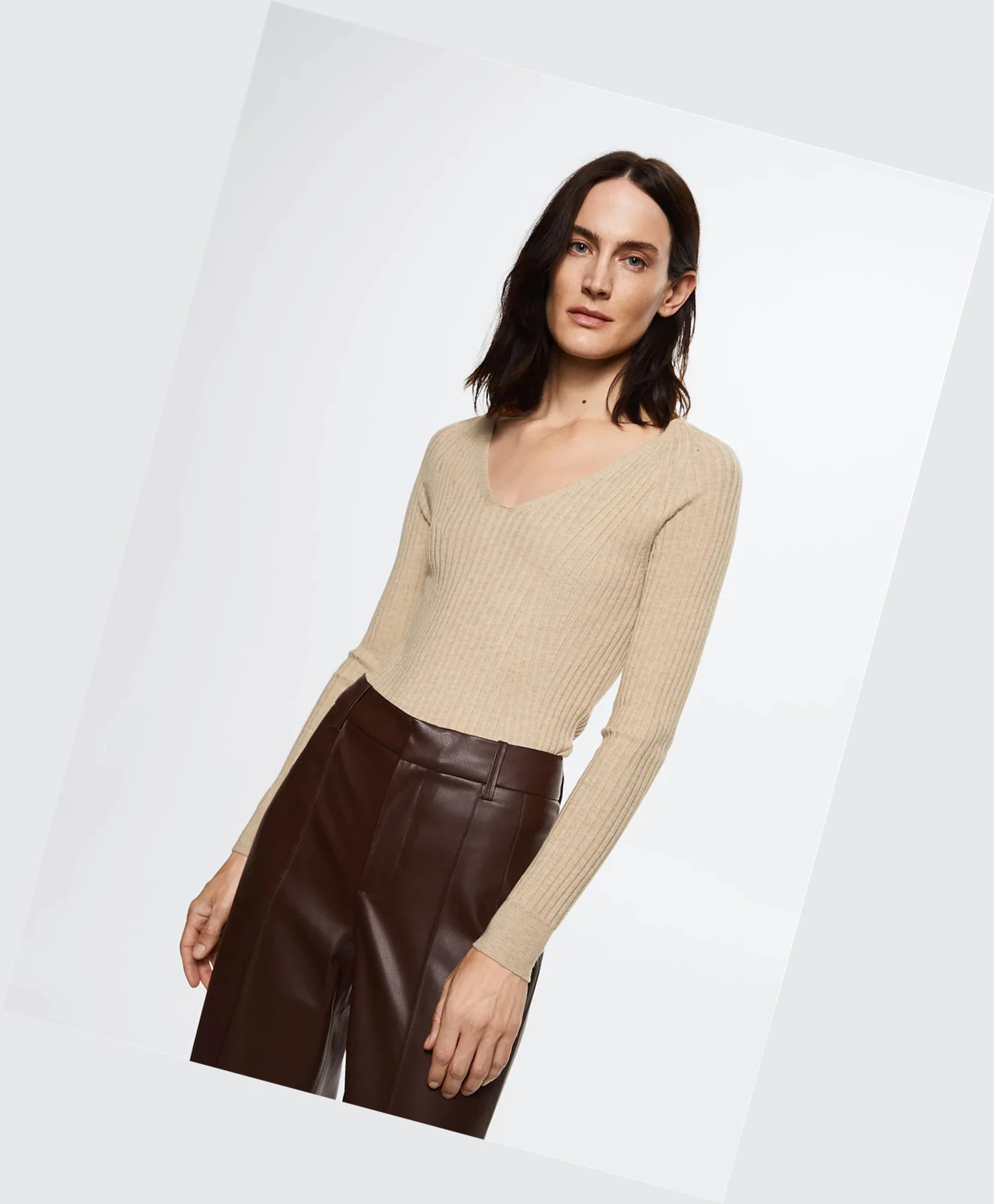 Svetre Mango V-neck Rebrovaný Knit Damske Sand | SK862498