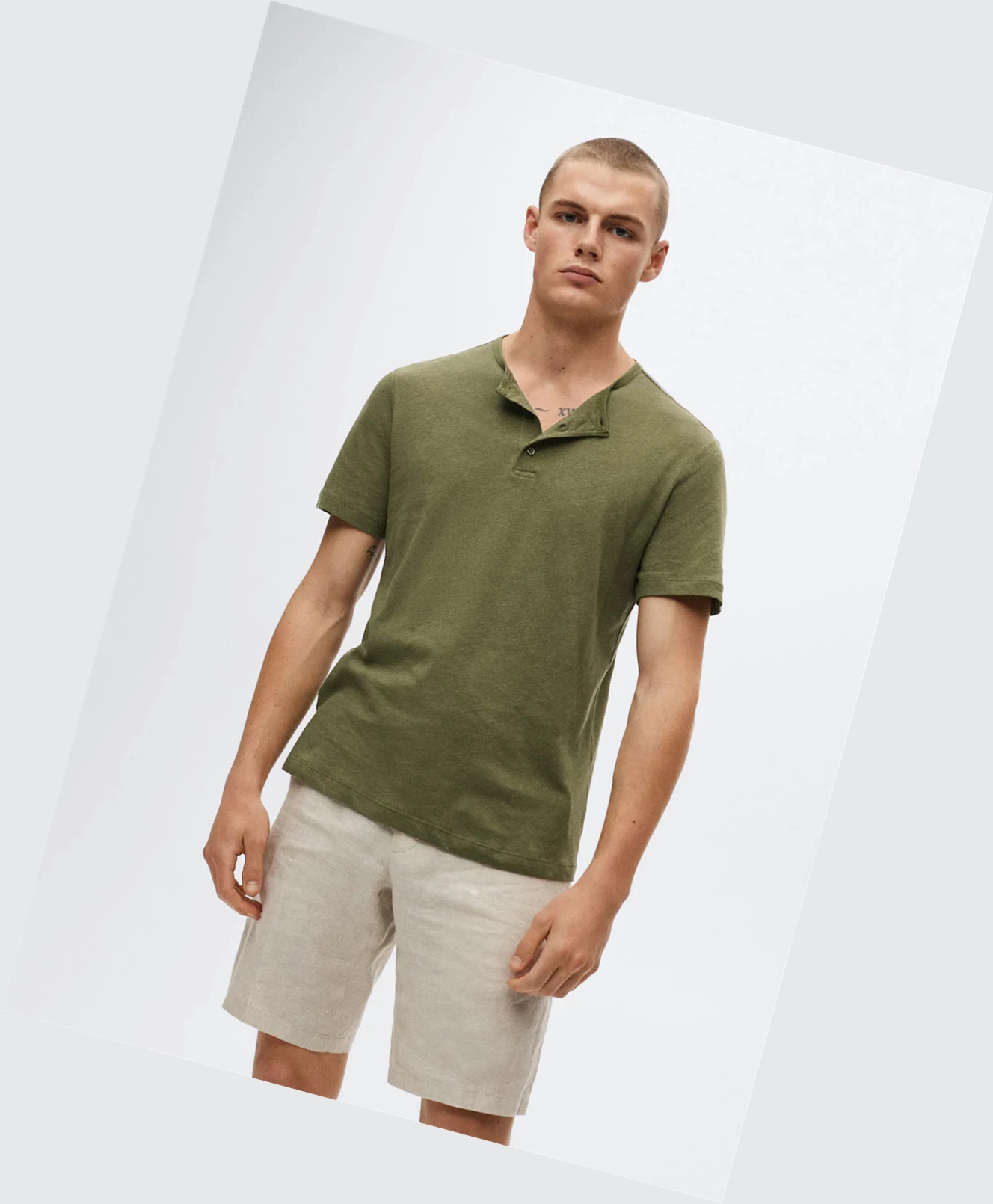 Tričko Mango Henley Linen-blend Panske Hnedožltý | SK862946