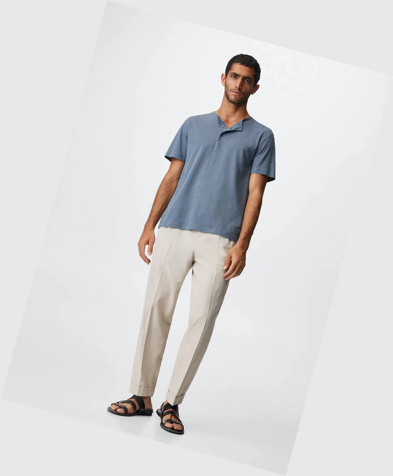 Tričko Mango Henley Linen-blend Panske Modre | SK862899