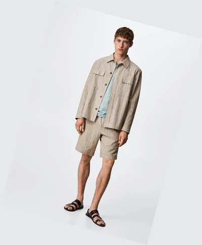 Overshirt Mango Pruhované Bavlnene Linen Panske Hnede | SK861259