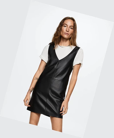 Saty Mango Faux-leather Pinafore Damske Čierne | SK860447